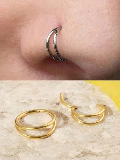1 pieza Aro de nariz de acero inoxidable de doble línea, accesorio minimalista y de moda de estilo Hip-Hop y urbano, unisex, apto para uso diario y fiesta