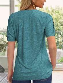Women's Zipper Summer Pleated Button Short Sleeve T-Shirt Summer V-Neck Solid Color Casual Top - Hồ Xanh - Xem 3