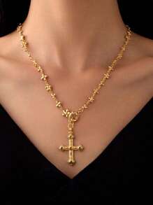 1pc Women's Fashion European Copper Plated 18K Gold Multicolor Zirconia Flower Cross Pendant Necklace, Suitable For Gifts, Parties And Daily Wear, Velvet Bag Packaging