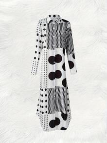 Vintage Polka Dot Long Sleeve Shirt Dress - Button Detail, Machine & Dry Cleanable - Spring/Summer/Autumn Ideal Choice, Contrast Polka Dot Casual Button Down Dress