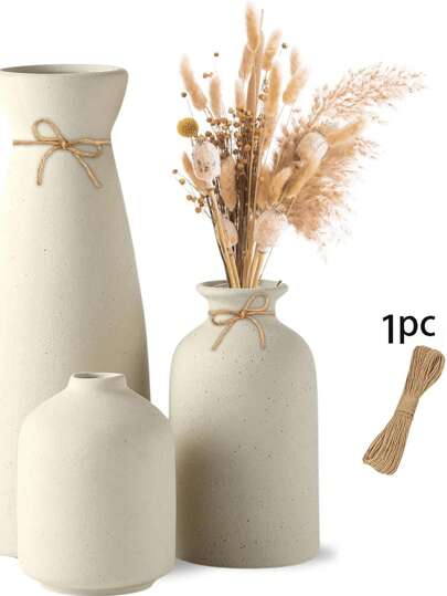 Beige Ceramic Vase Set Small Vases ation, Moderne Bohemian Farmho Home ative Pampas Grass Dried Flowers, Creative Shelf, Table, Bookshelf, Entryway Room Flower Glass view 5
