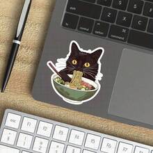 3-Inch "Cat In Glasses Eating Noodles Sticker - Fun And Cute Vinyl Sticker For Laptops, Notebooks, Water Bottles, Study Desks, Personal Spaces, And Cat Lover Corners | Great For Cat Enthusiasts, Foodies, Students, And Humor Fans | Perfect Gift For Friends, Family, And Colleagues | Fun Sticker For Cats, Food, And Whimsical Humor"