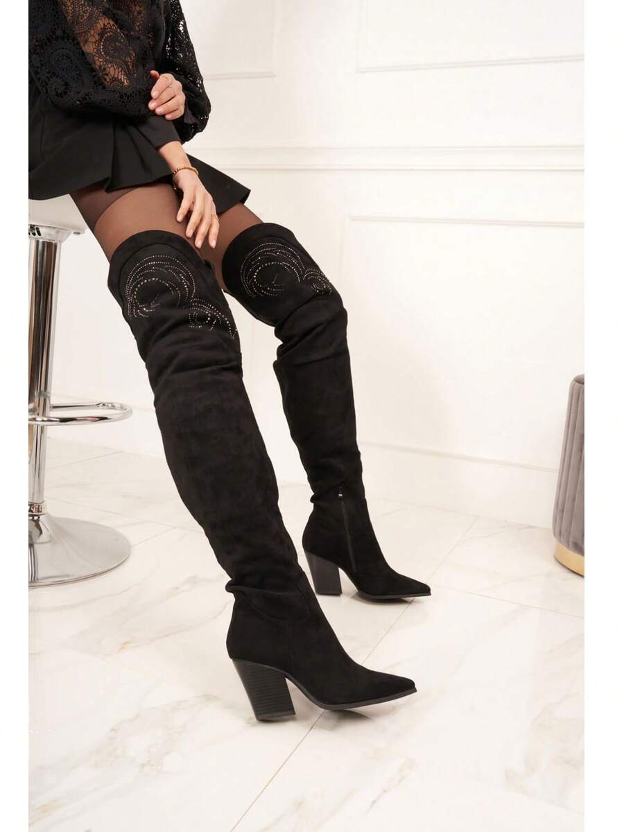Cuissardes à talon épais décorées de strass et empiècement fantaisie sur le haut de la tige - 黑色 - 查看 1