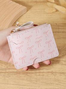 Pink Bow Love Pattern Zipper Small Wallet Coin Pocket Small Purse Bifold Slim Women Wallet MiniThin,Lightweight,Multi Layer Portable,ID Card,Money Credit Card Minimalist,Fashion,Modern,Business,For Anniversary,For Birthday Gift,For Gift,For Girls,For Lady,For Female,Bag School Supplies For School Dorm Room & Back To School - Pink - View 1