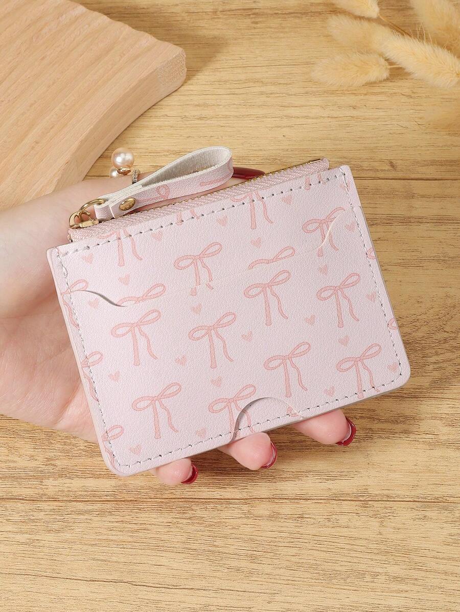 Pink Bow Love Pattern Zipper Small Wallet Coin Pocket Small Purse Bifold Slim Women Wallet MiniThin,Lightweight,Multi Layer Portable,ID Card,Money Credit Card Minimalist,Fashion,Modern,Business,For Anniversary,For Birthday Gift,For Gift,For Girls,For Lady,For Female,Bag School Supplies For School Dorm Room & Back To School - Pink - View 1