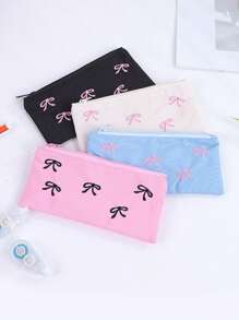 1pc Beautiful Pencil Bag, Creative Bow Embroidery Pattern , Simple And Stylish Pencil Case Desktop Finishing Essentials, Back-To-School Must-Have Stationery