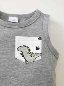 BrownBark 2pcs Baby Boys' Soft & Comfortable Casual Outfit, Sleeveless Crew Neck Cute Dinosaur Pattern Vest & Shorts Set, Lively & Adorable Style Suitable For Summer Outings