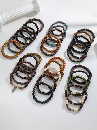 Set de 31 piezas de pulseras de cuentas de madera vintage para hombres - madera pura, apilables - adecuadas para uso diario y regalos de viaje