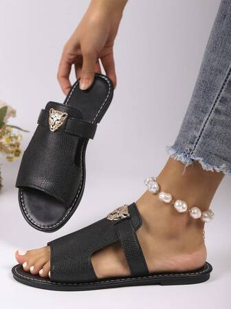 女式系带平底拖鞋，带动物图案装饰，轻便夏季沙滩凉鞋