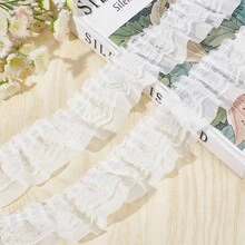 2码长，5厘米宽，黑色、白色、粉色褶皱波浪刺绣蕾丝面料，带滚边，适用于DIY服装、家居装饰配件