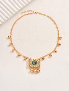 1pc Vintage Geometric Hollow Square Pendant Necklace With Bell Charm, Elegant For Women Party Wear - Multicolor - View 5