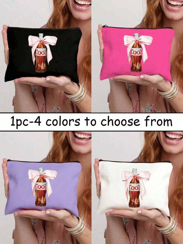 Polyester Zipper Makeup Bag, Toiletries Storage Bag With Bow Pattern, Multifunctional Bag, Portable Makeup Bag, Data Cable Storage, Travel Makeup Bag, Bow Pattern Zipper Storage Bag, Zipper Handbag, Fashionable Multifunctional Makeup Bag