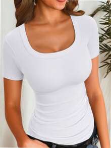 QUEENTI Women's Short Sleeve Round Neck Top Fit Summer T Shirt - 白色 - 查看 1