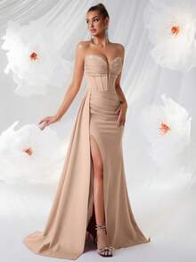 ADYCE Deep V-Neck Rhinestone Decor High Waist Long Tie-Up Open Back Ball Gown Formal Evening Dress, Party Dress, For Wedding Guest - Apricot - View 7