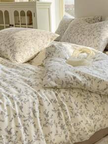 4pcs Floral Duvet Cover Set (1 Duvet Cover + 1 Flat Sheet + 2 Pillow Shams), Fresh Ditsy Floral, Gray Leaves, Solid Color Sheet, Comfortable Touch, Breathable 100% Polyester Fabric, Suitable For All Seasons, Machine Washable