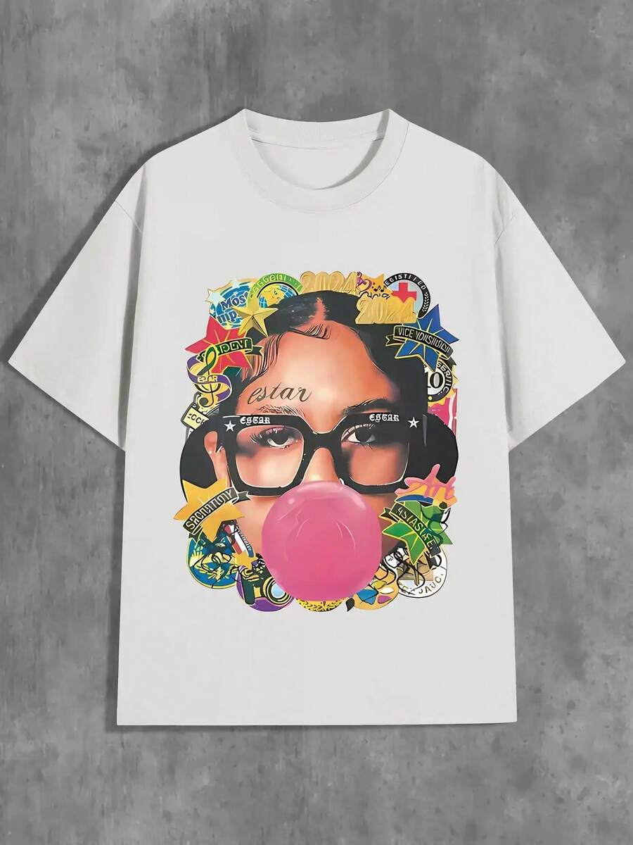 Y2K Retro Streetwear Women's Graphic T-Shirt - 100% 260gsm Heavyweight Round Neck Tee With Colorful Bubble Blowing Print, Hip-Hop Inspired Casual Top For All-Season Wear, Street Style Shirt | Y2K Fashion Tee | Glossy Fabric Finish, Ladies T Shirts,Vintage Men Vacation,Summer Shirt,Father's Day Gift,A Great Gift - trắng - Xem 1