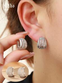 Hihho 1 Pair Fashion Vintage Multilayer Line Zirconia Inlay Hollow Out Stud Earrings, Gold And Silver Color Available, Suitable For Gift, Daily Wear And Party - Earrings - View 3