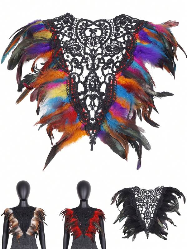 Gothic Feather Body Harness Tops Cape Shrug Wrap For Women Punk Gothic Rave Dance Festival Collar With Cuffs Festival Artificial Feathers