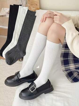 1/3 Pairs Women Calf Socks, Women's Knee-High Socks, Leggings Length Breathable Anti-Slip Compression Solid Color Socks, Spring/Autumn Wear, Preppy Style, Everyday Dressing