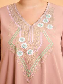 Plus Size Nova Chegada Decote V Doce Grande Burca Árabe Bordado Manga Longa Abaya Modesta para Mulheres