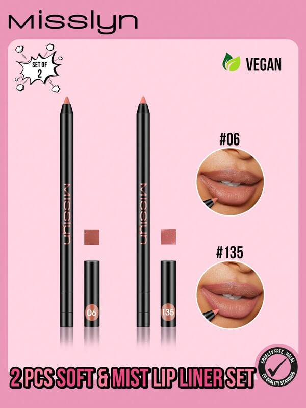 Misslyn MISSLYN - 2 Stücke Soft & Mist Lipliner Set, langanhaltende intensive Lippenfarben, praktisches ausziehbares Design, spitzelbarer Gel Lipliner, glatte Auftragung, natürlicher Finish, hohe Pigmentierung, nicht leicht verlaufend, Make-up, Geschenk, Y2K, Party, Reise, Fashion Girl Kosmetik, Cosplay, kann mit einem Anspitzer geformt werden, hochpigmentierte natürliche Lippenkosmetik, langanhaltend, glatt, ultrafein, veganer matter Lipliner, frei von Tierversuchen