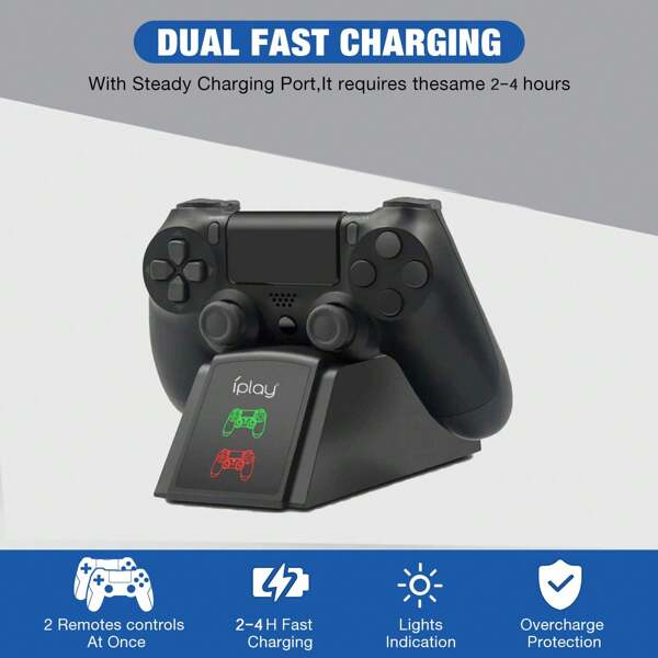 iplay Estación de carga rápida para Playstation 4 con indicador de carga LED y cable de carga micro USB, cargador dual USB para controladores/mandos de /Slim/Pro (Negro)