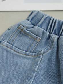 2 pezzi/set Shorts in denim con fiocco, manica corta, dolci e carini, comodi, con spacchi laterali, per l'estate