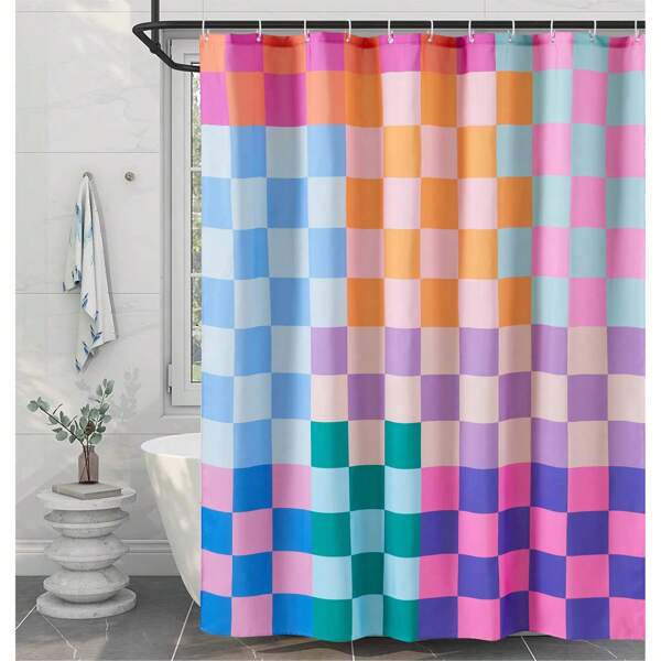 1PC Multicolored Checkered Retro Shower Curtain For Bathroom, Bright Rainbow Colorful Groovy Aesthetic Shower Curtain Bathroom Decor Bathroom Accessories Back To School