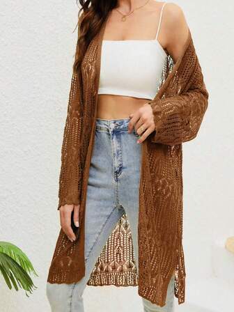 Women's Solid Color Hollow Out Long Sleeve Long Casual Thin Cardigan