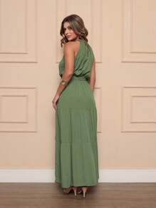 Vestido Longo Feminina Liso Gola Alta Tres Maria Com Cinto