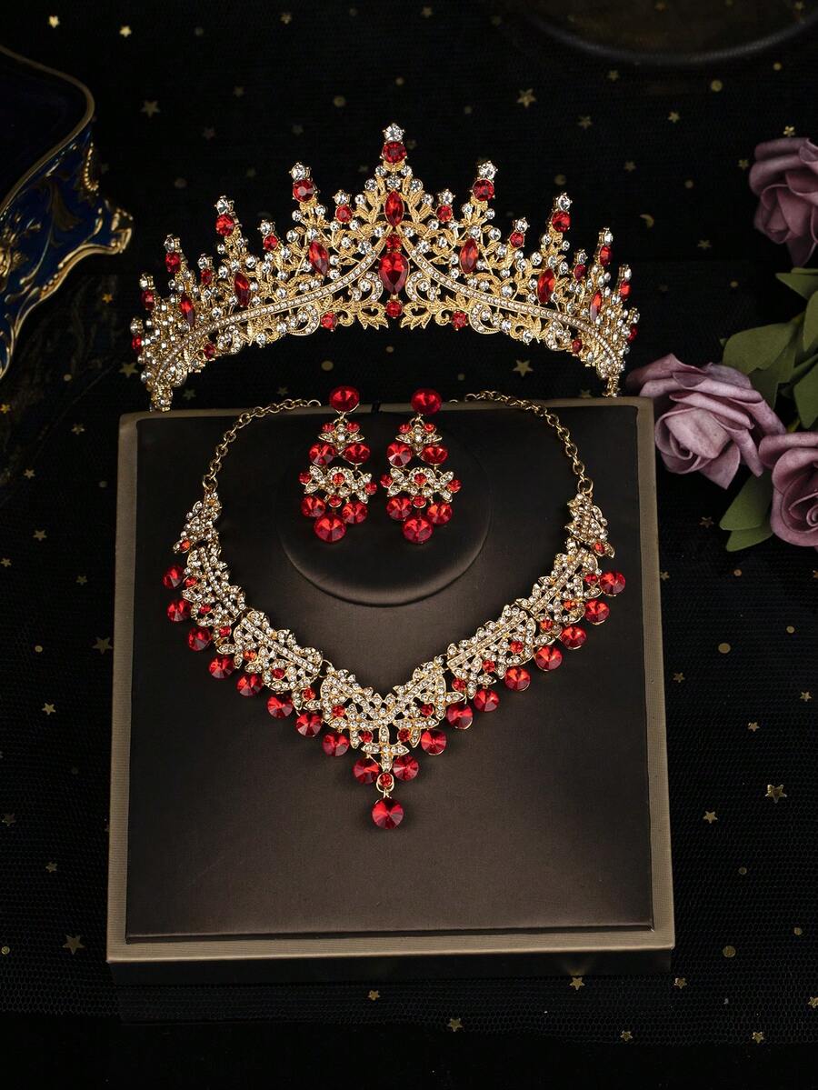 4pcs/Set Tiaras And Crowns For Women Earrings Necklace Crystal Bridal Jewelry Set Costume Party Halloween Prom Pageant Bridal Headpiece For Women Mother's Day Gift - 紅色 - 查看 1