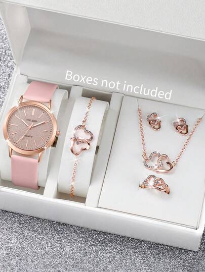 6件套女士休闲哑光表盘石英手表和心形珠宝