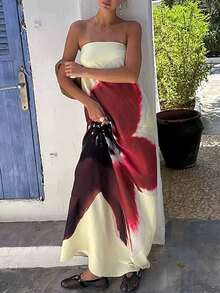 Women Elegant Tube Top Maxi Dress,Strapless Backless Flower Print Summer Long Dress Casual Or Party Dresses - 白色 - 查看 4