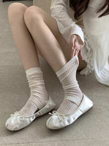 1 Pair Women's New Style Pile Pile Thin Breathable Mid-Calf Socks With Lace Trim, Ballet-Inspired, Korean , Spring, Solid Colors
