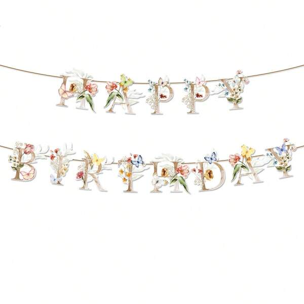 1 set Pancarta de feliz cumpleaños con decoración de flores y mariposas coloridas, para fondo de fiesta y decoración de ventana