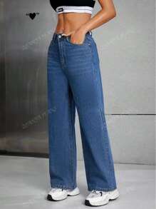Pantalones de mezclilla sueltos con efecto desgastado, lavado liso, estilo casual, cierre de cremallera y botón, para mujer.