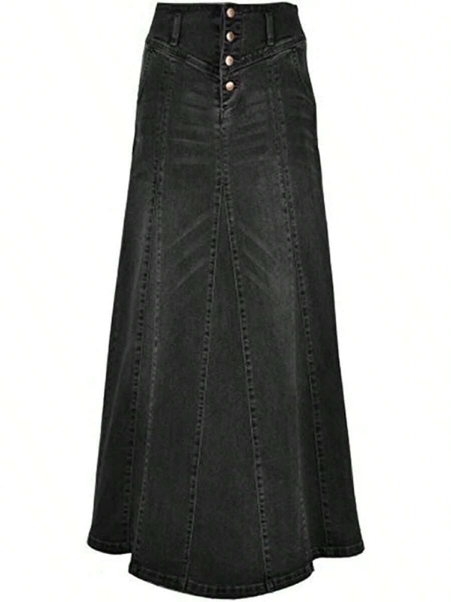 Women's Retro Exposure Button-Fly Packaged A-Line Maxi Long Skirt - màu đen - Xem 1