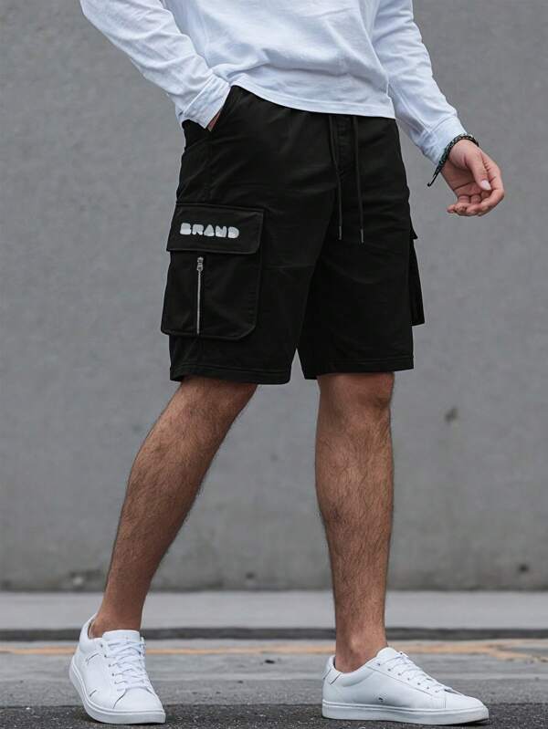 1 pieza Shorts casuales para hombres con bolsillo de carga y estampado de letras