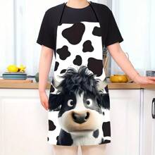 1pc Cartoon Cow Print Apron, Unisex Fun Kitchen Apron, 100% Polyester, Durable And Washable, For Cooking And Baking