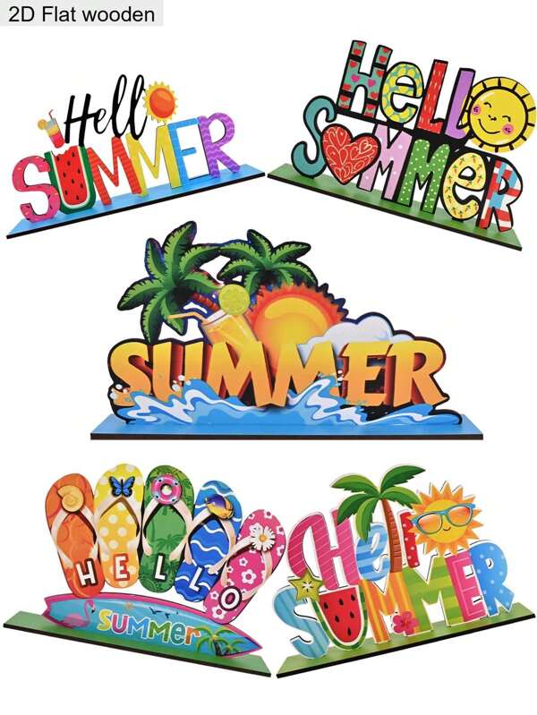 5pcs/1pc Hello Summer Watermelon Theme Desktop Decorations Signs And Plaques, Summer Wooden Signs, Home Office Decorations, Holiday Party Decorations, Craft Decorations, Summer Decorations, Holiday Gifts