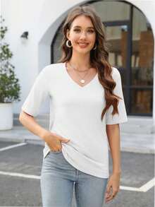 QUEENTI Women's Casual Short Sleeve Slim Basic Blouse - trắng - Xem 2