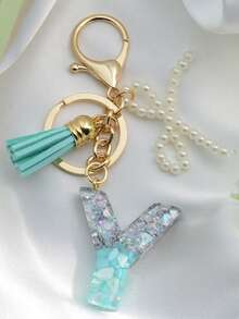 1 pièce Porte-clés avec lettre initiale, pendentif bicolore en résine, porte-clés minimaliste à la mode avec faux perle. Accessoire pour voiture, sac, sac à dos pour l'école, accessoires gothiques Y2K, idées de cadeaux pour la Fête des enseignants, Noël, accessoires pour sœur - Lac Bleu - Voir 21