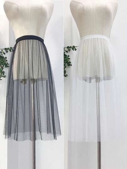 Women's White Mesh A-Line Skirt, Single Layer Sheer Transparent Overlay Skirt For Performance, Dance, Paired With Black Lining