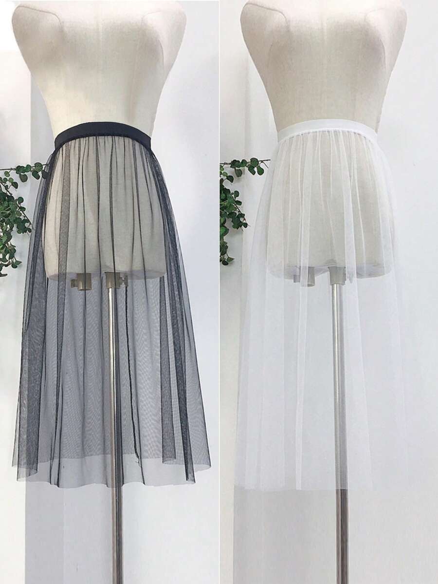Falda transparente blanca de malla con capas, de una sola capa sin forro, adecuada para actuaciones, baile, usar sobre ropa negra de otoño para mujeres - Negro - Ver 1