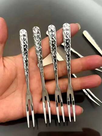4pcs Premium Thick Stainless Steel Crackle Pattern Fruit Forks, Suitable For Restaurants, Hotels, Home Dining, Desserts,School Supplies