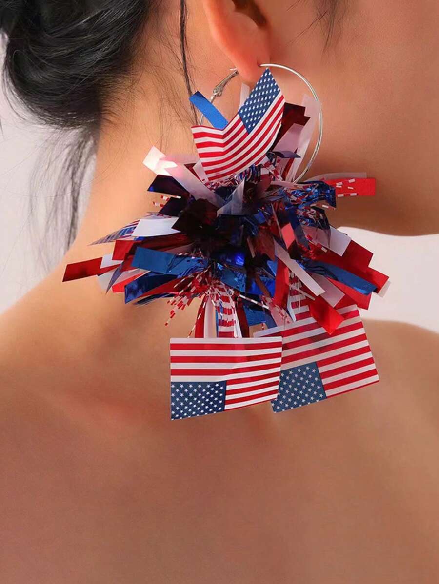 2 pièces Boucles d'oreilles à feux d'artifice larges et brillantes, boucles d'oreilles de fête exagérées de style de rue rouges/blanches/bleues, boucles d'oreilles pour femmes avec ambiance de festival