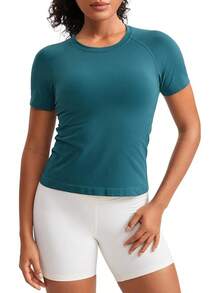 CRZ YOGA Seamless Short Sleeve Shirts For Women Breathable Running Workout Tops Athletic Gym Yoga Basic T-Shirts - màu xanh lá - Xem 1