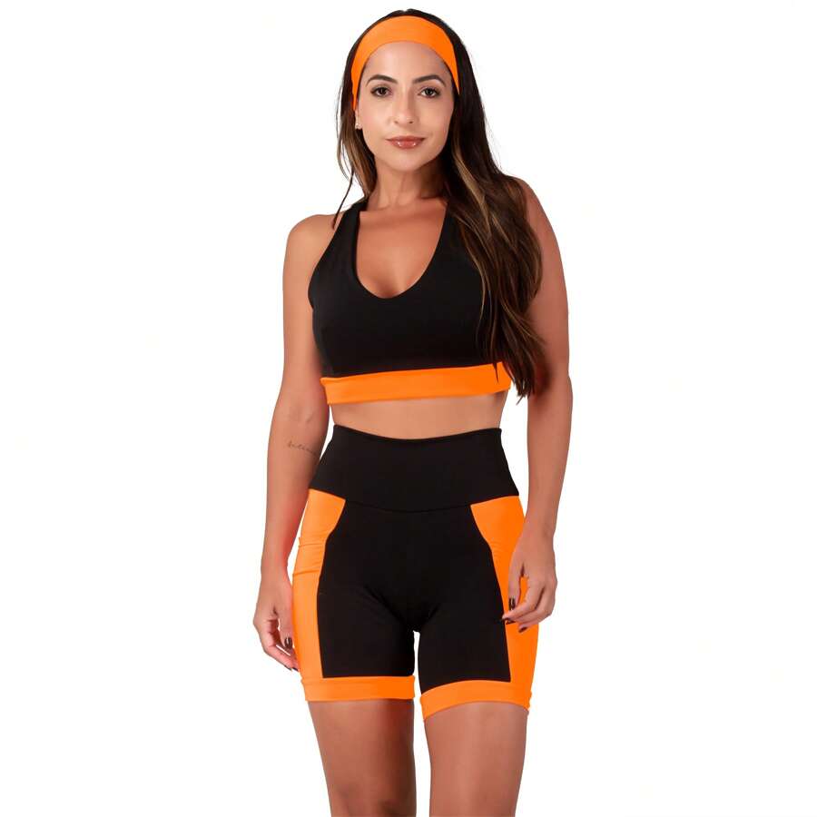 WOMEN'S GYM SET HIGH WAIST BERMUDA SHORTS WITH SIDE POCKETS AND TOP