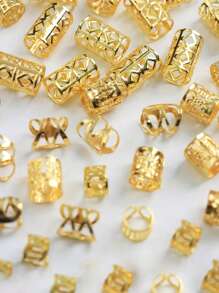 50 Stücke/Set elegante Vintage Gold Haargummis - Metall Haarflechten Perlen, elaboriertes Design, geeignet für Zöpfe, Cut Out-ovale einfarbige Haarschmuck-Set, Haarflechtendekoration | Anmutige Haargummis | Metall Haarringe, Haarschmuck