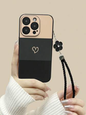 心形黑色喷漆直边穿孔挂绳简约防摔加厚手机保护壳，兼容、Galaxy、Redmi手机